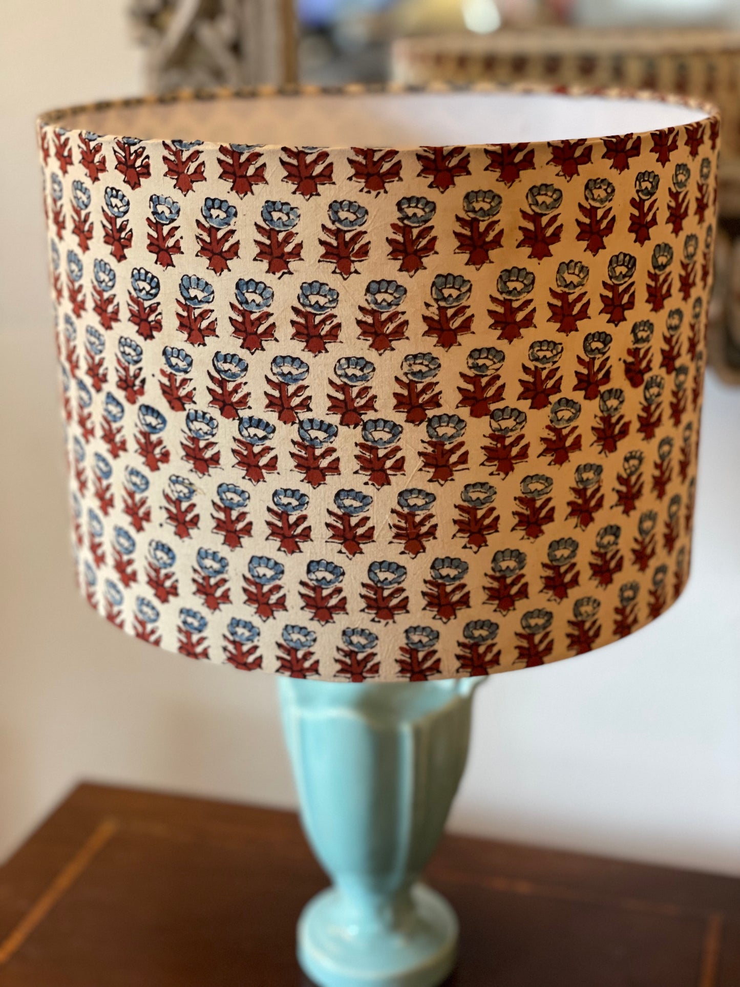 10 inch Drum Lampshade. Sanganeri Hand Block Print from India. Slate Blue and Deep Scarlet Floral on Ivory.