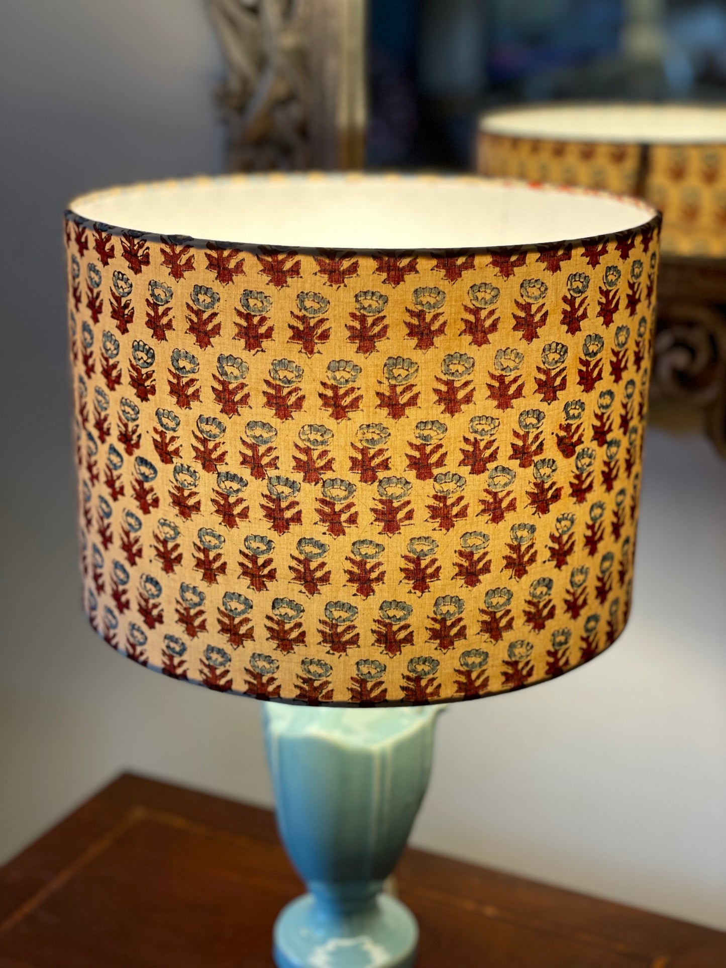 10 inch Drum Lampshade. Sanganeri Hand Block Print from India. Slate Blue and Deep Scarlet Floral on Ivory.