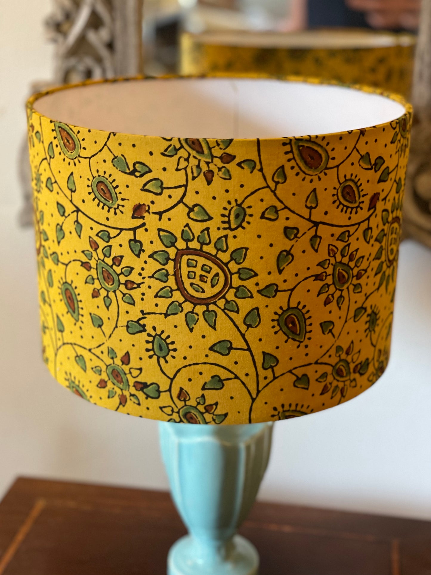 10 inch Drum Lampshade. Ajrakh Hand Block Print from India. Saffron, Olive, and Russet.