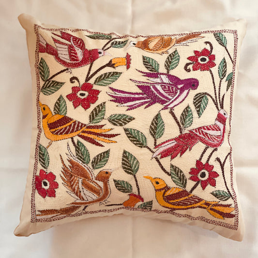 Bengal Kantha Embroidery Silk Throw Pillow, Bird Pattern.