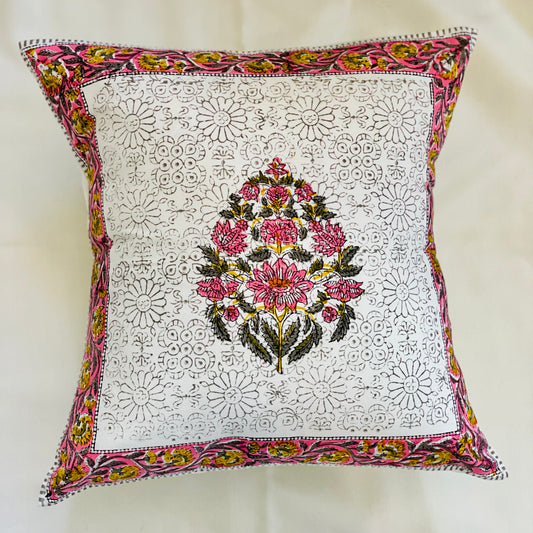 Sanganeri Hand Block Print Throw Pillow, Pink Flower Motif with Pink and Yellow Border.