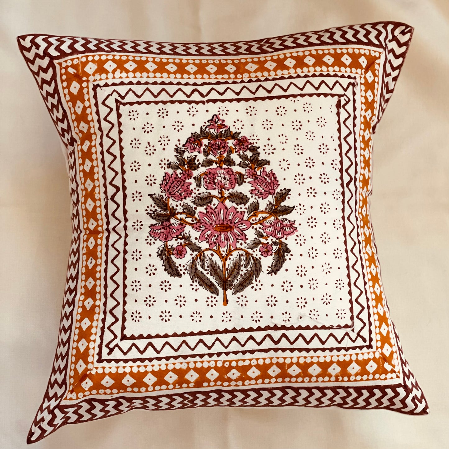 Sanganeri Hand Block Print Throw Pillow, Pink Flower Motif with Sienna and Brown Border.