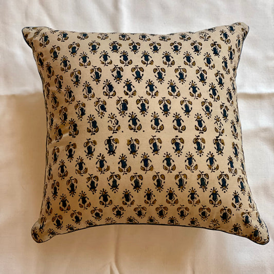 Ajrakh Hand Block Print Throw Pillow.  Eggshell with Slate Blue and Camel Floral Motif.