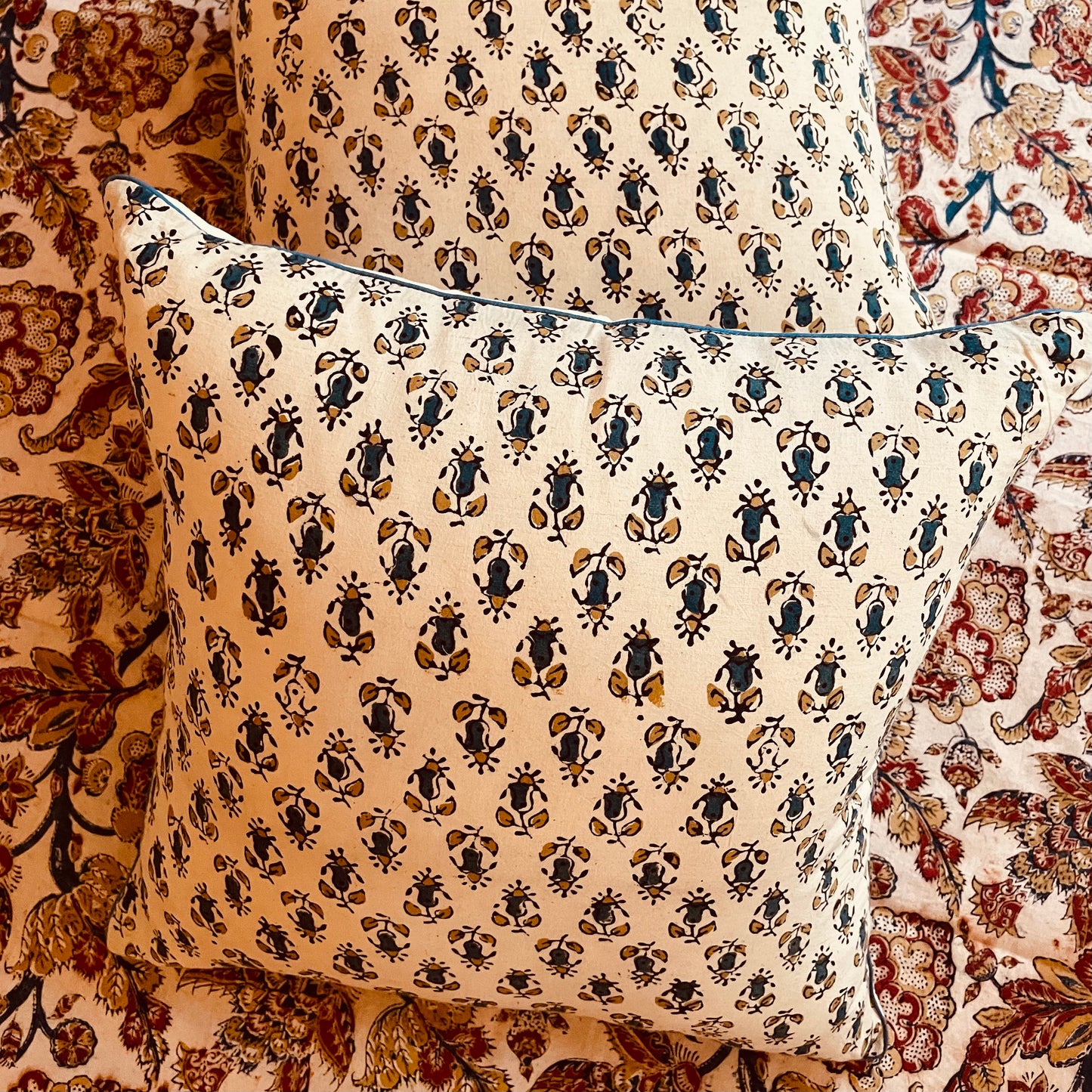 Ajrakh Hand Block Print Throw Pillow.  Eggshell with Slate Blue and Camel Floral Motif.