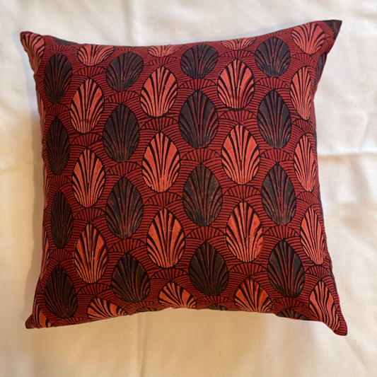 Ajrakh Hand Block Print Throw Pillow. Rosewood with Persian Red and Smoky Black.