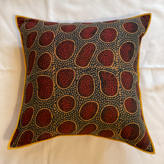 Ajrakh Hand Block Print Throw Pillow. Licorice, Maroon, and Umber with Yellow Border.