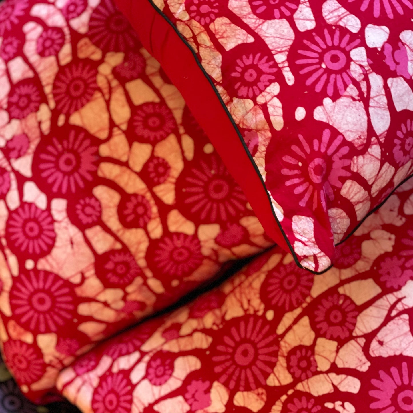 Indian Hand Batik Throw Pillow. Bright Pink and Dark Raspberry.