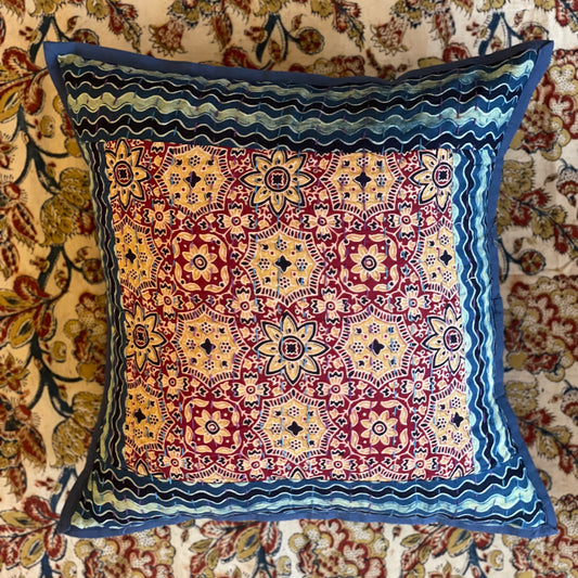 Kutch Embroidered Ajrakh Hand Block Print Pillow. Shades of Blue, Red, Parchment.