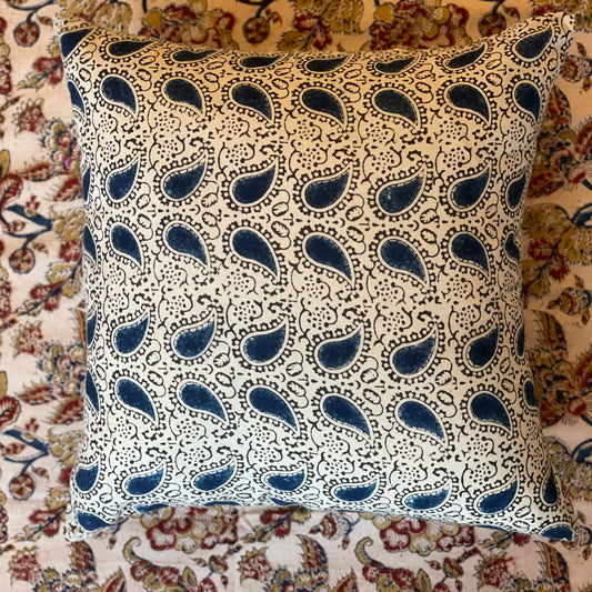 Ajrakh Hand Block Print Throw Pillow. Blue and Parchment Paisley.