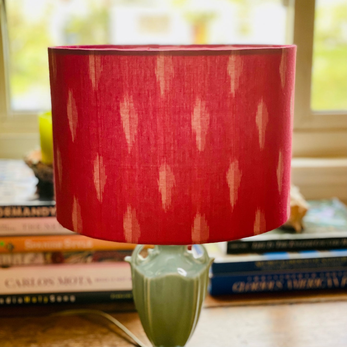 10 inch Drum Lampshade. Bright Pink Pochampally Ikat Cotton from India.