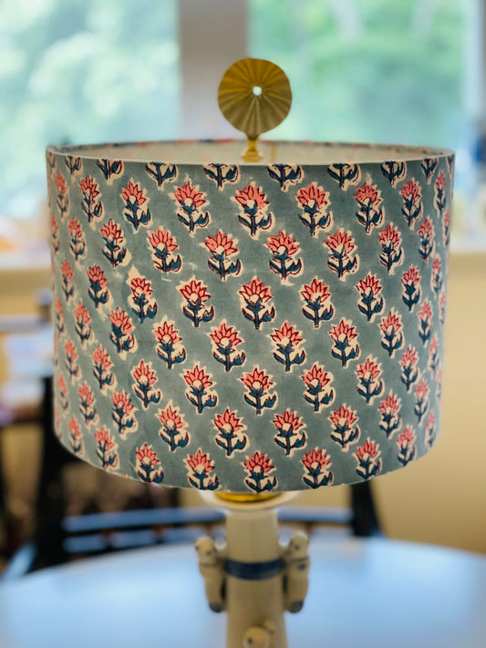 10 inch Drum Lampshade. Indian Hand Block Print. French Blue with Coral Pink Buti Motif.