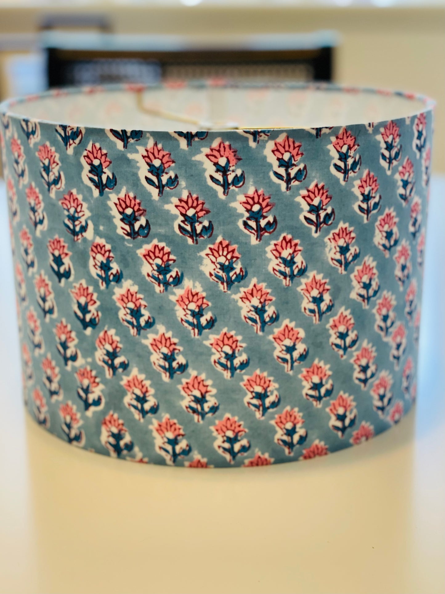 10 inch Drum Lampshade. Indian Hand Block Print. French Blue with Coral Pink Buti Motif.