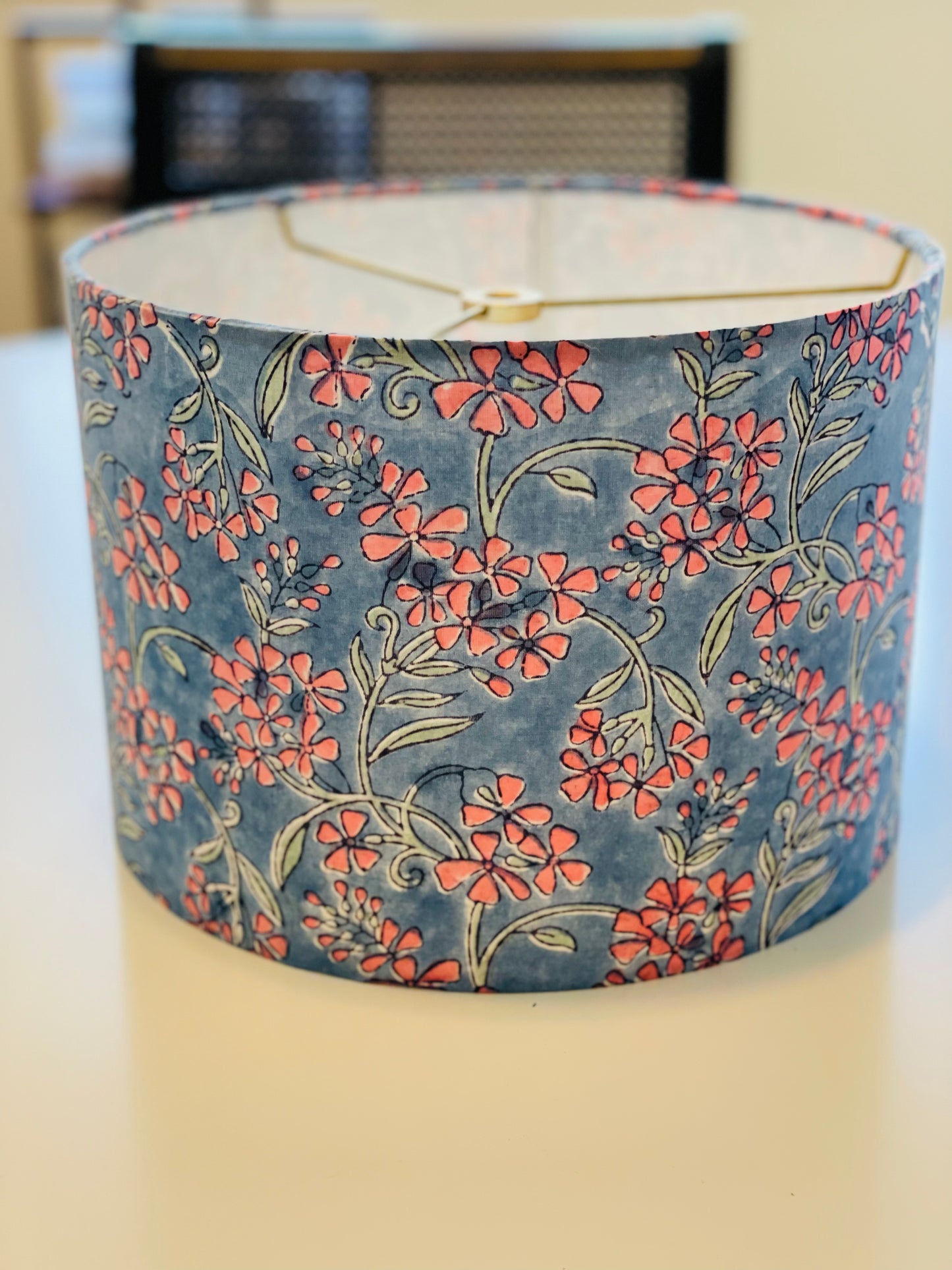 10 inch Drum Lampshade. Indian Hand Block Print. Grayish-Blue with Salmon Pink Floral.