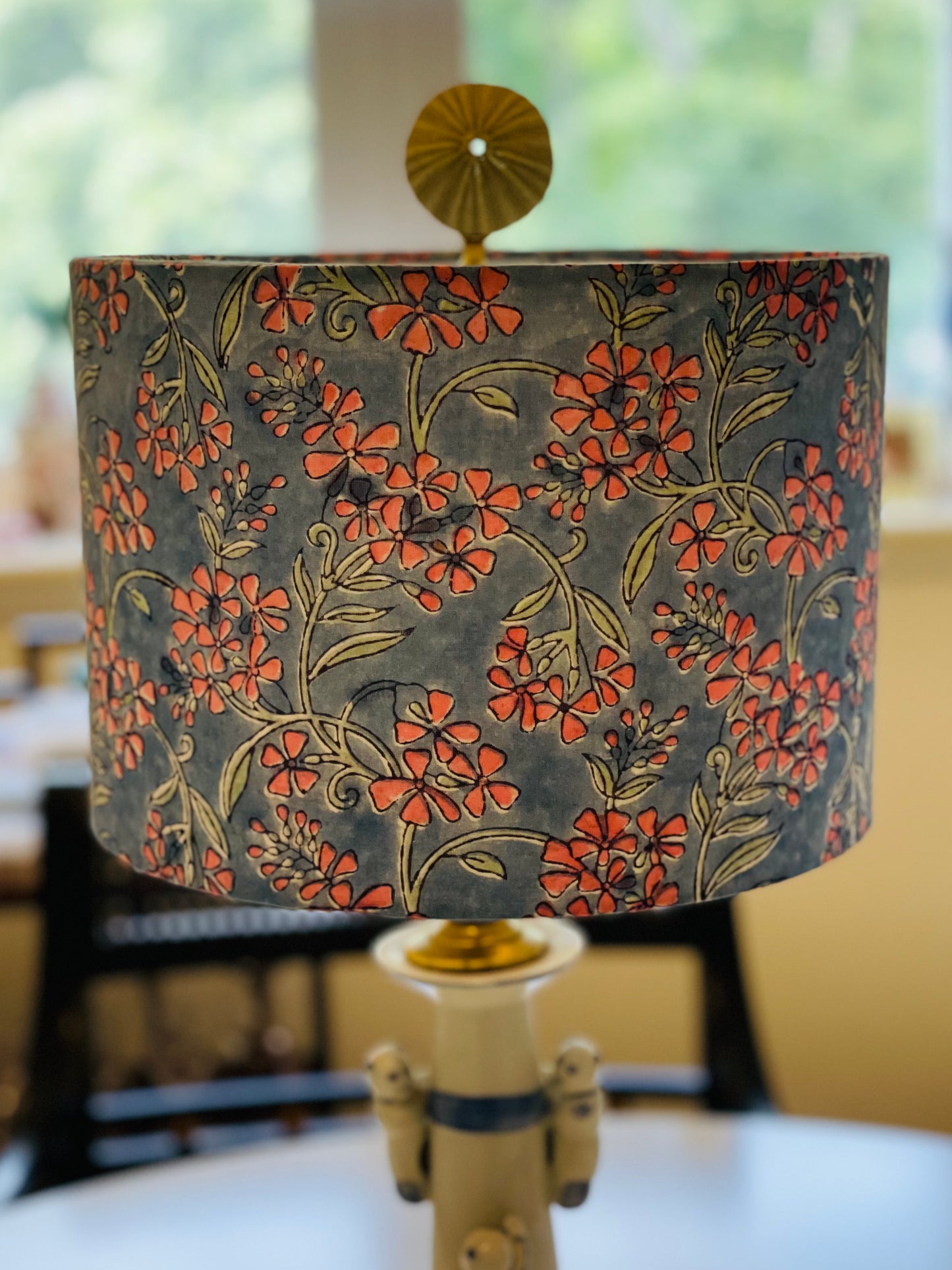 10 inch Drum Lampshade. Indian Hand Block Print. Grayish-Blue with Salmon Pink Floral.