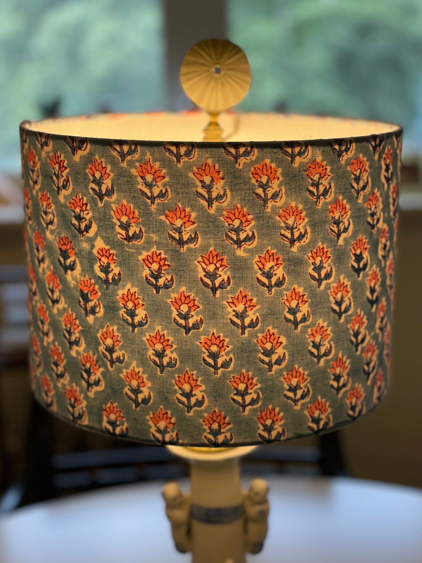 10 inch Drum Lampshade. Indian Hand Block Print. French Blue with Coral Pink Buti Motif.