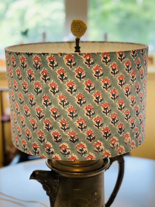 12 Inch Drum Lampshade. Indian Hand Block Print. French Blue with Coral Pink Buti Motif.