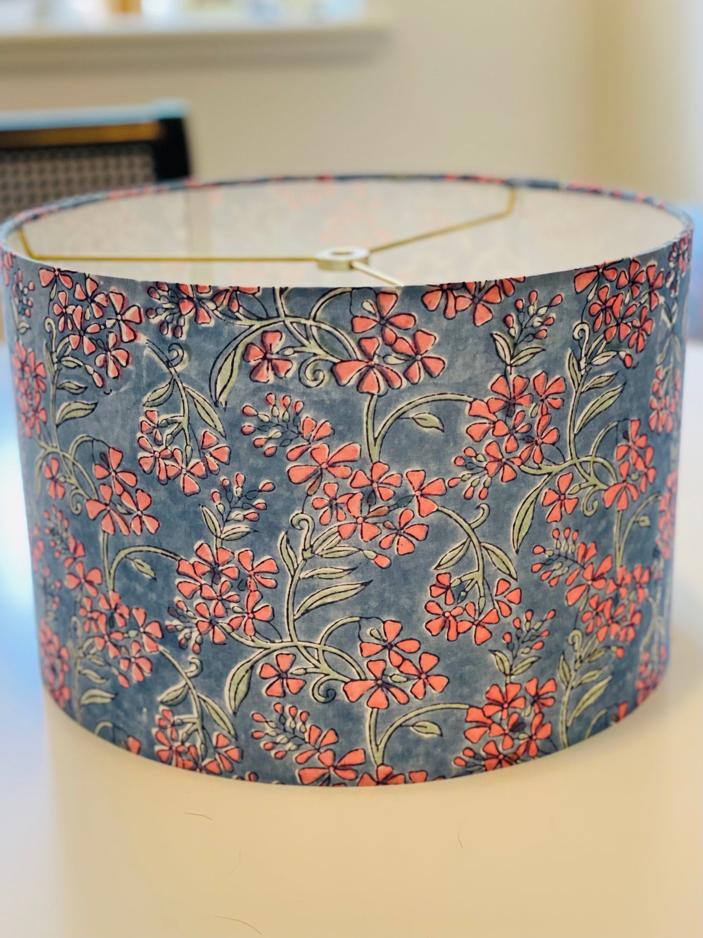 12 Inch Drum Lampshade. Indian Hand Block Print. Grayish-Blue with Salmon Pink Floral.