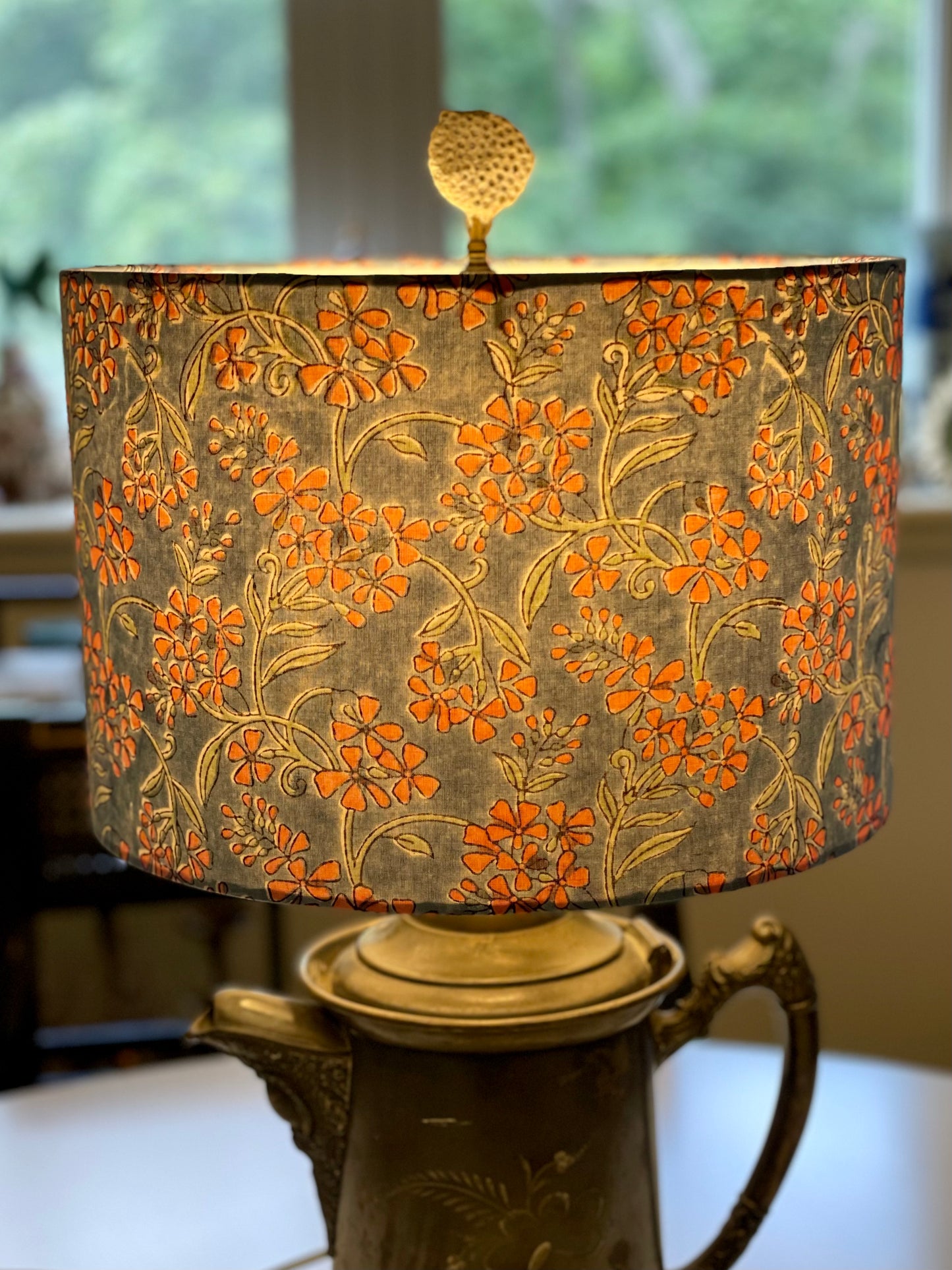 12 Inch Drum Lampshade. Indian Hand Block Print. Grayish-Blue with Salmon Pink Floral.