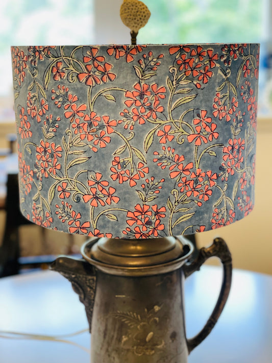 12 Inch Drum Lampshade. Indian Hand Block Print. Grayish-Blue with Salmon Pink Floral.