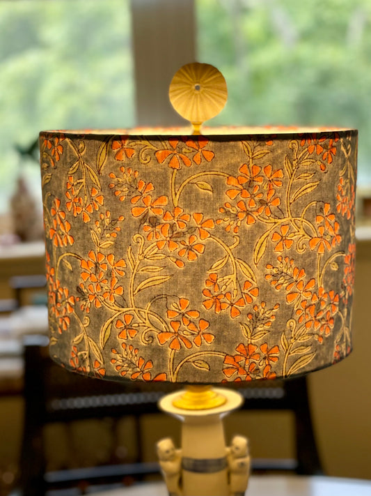 10 inch Drum Lampshade. Indian Hand Block Print. Grayish-Blue with Salmon Pink Floral.