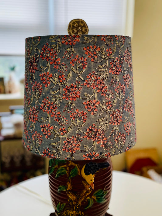 Large Empire Lampshade. 11.75 x 13.75 x 11.75. Indian Hand Block Print. Grayish-Blue with Salmon Pink Floral.