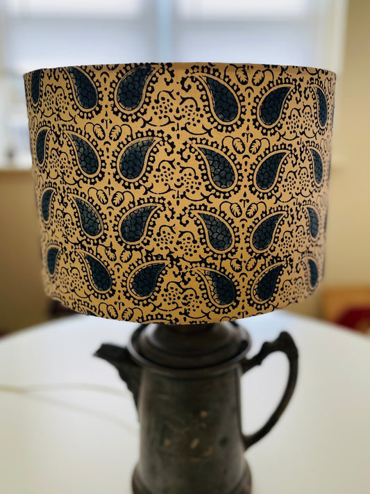 12 Inch Drum Lampshade. Indian Ajrakh Hand Print. Dark French Blue Paisley on Parchment.