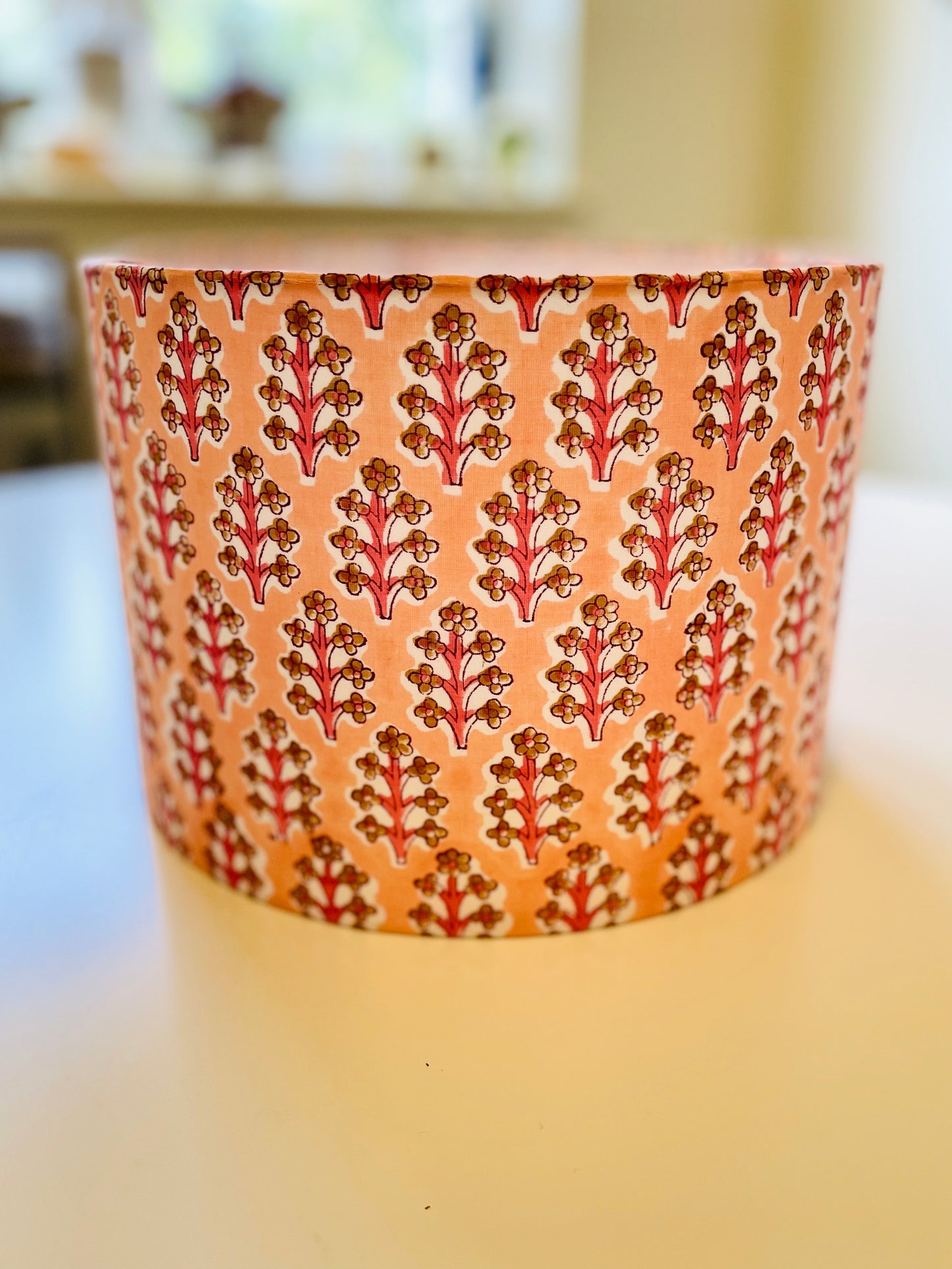 10 inch Drum Lampshade. Indian Hand Block Print. Apricot, Pink, and Taupe.