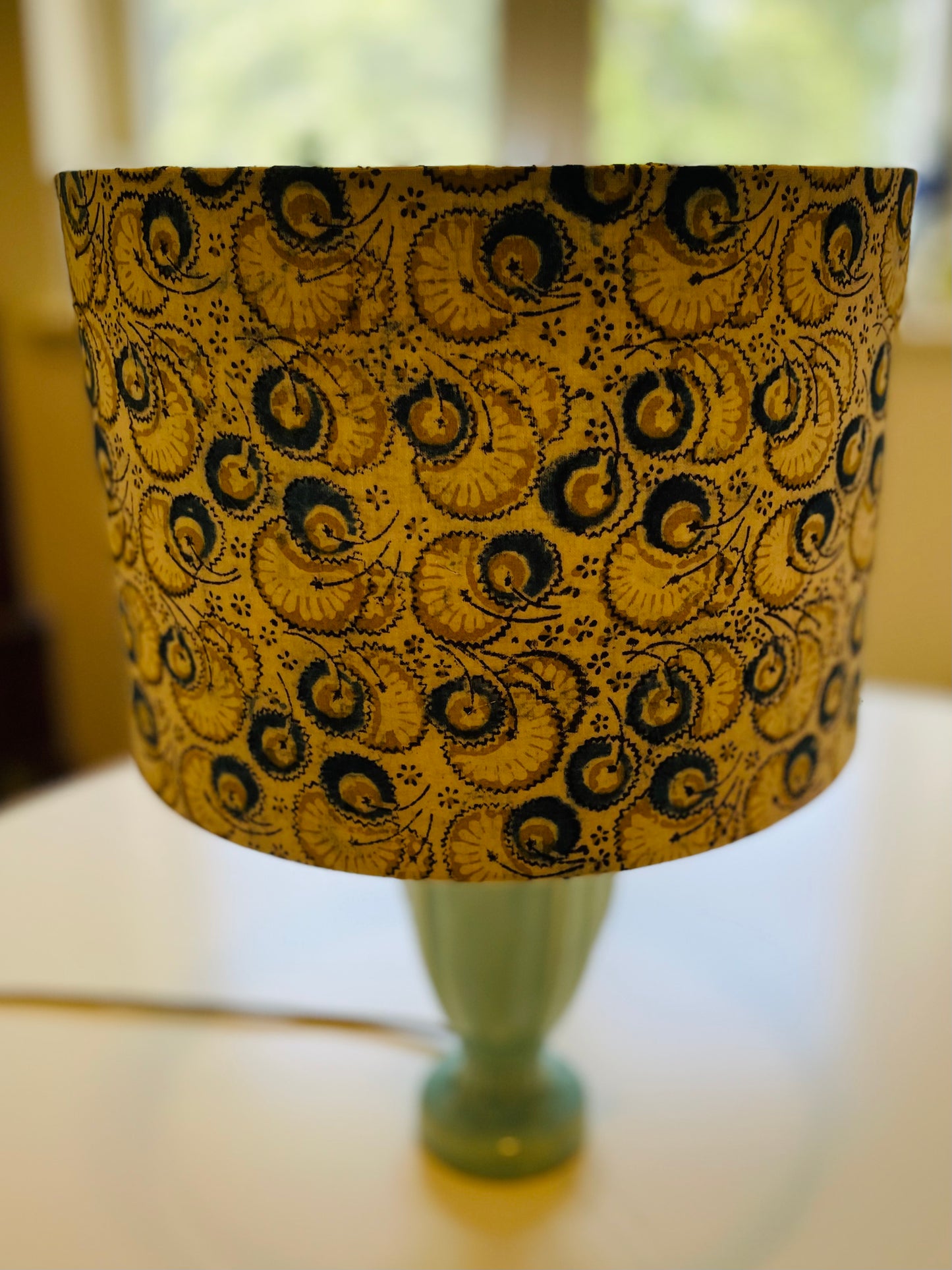 10 inch Drum Lampshade. Indian Hand Block Print. Shades of Ecru, Cornflower Blue, and Yellow Kalamkari.