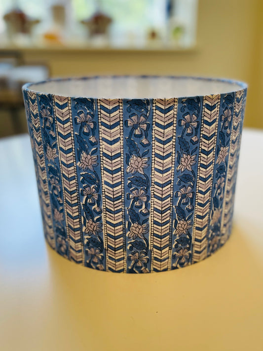 10 inch Drum Lampshade. Indian Hand Block Print. Bright Blue Sanganeri Stripe.