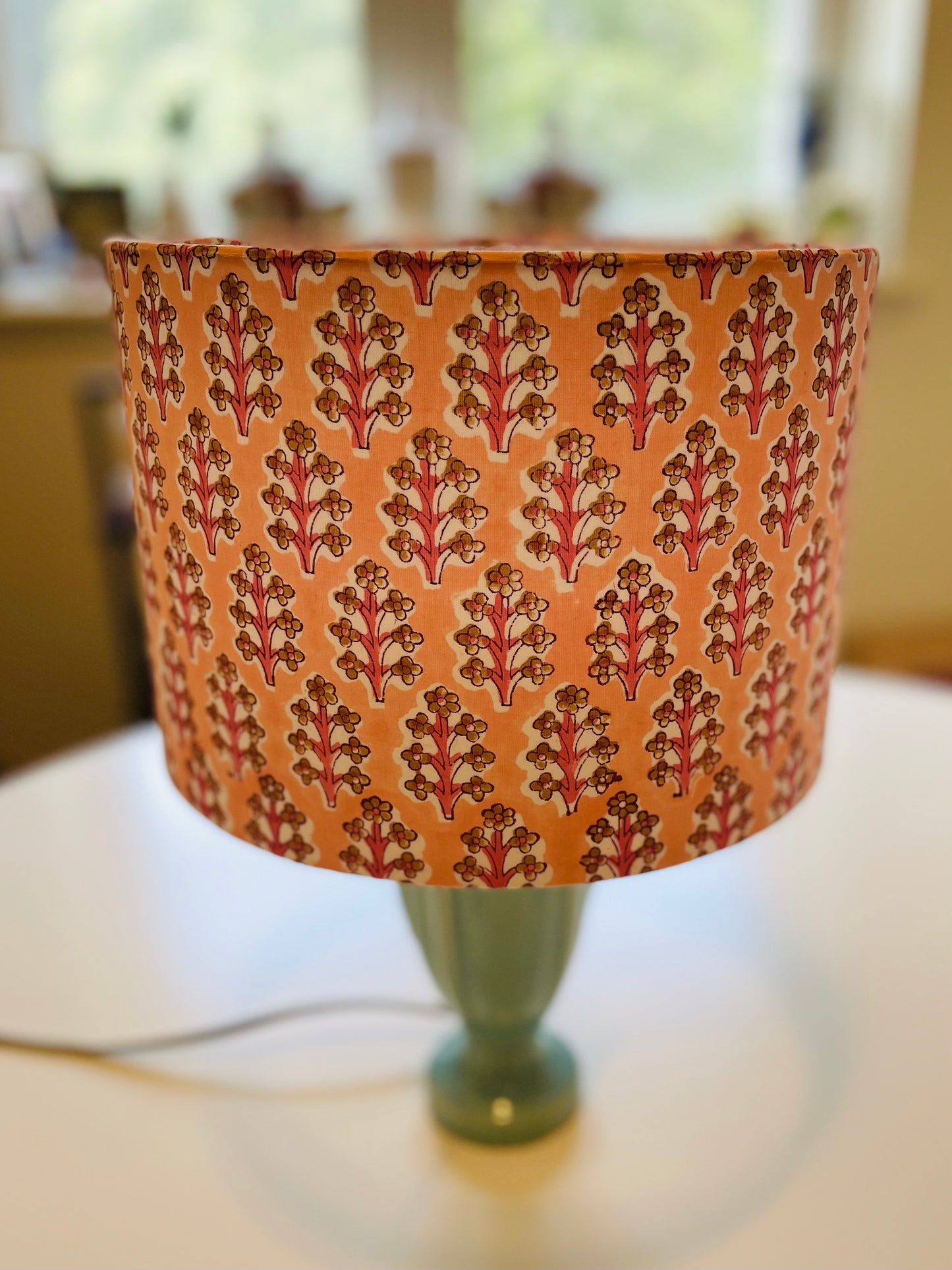 10 inch Drum Lampshade. Indian Hand Block Print. Apricot, Pink, and Taupe.