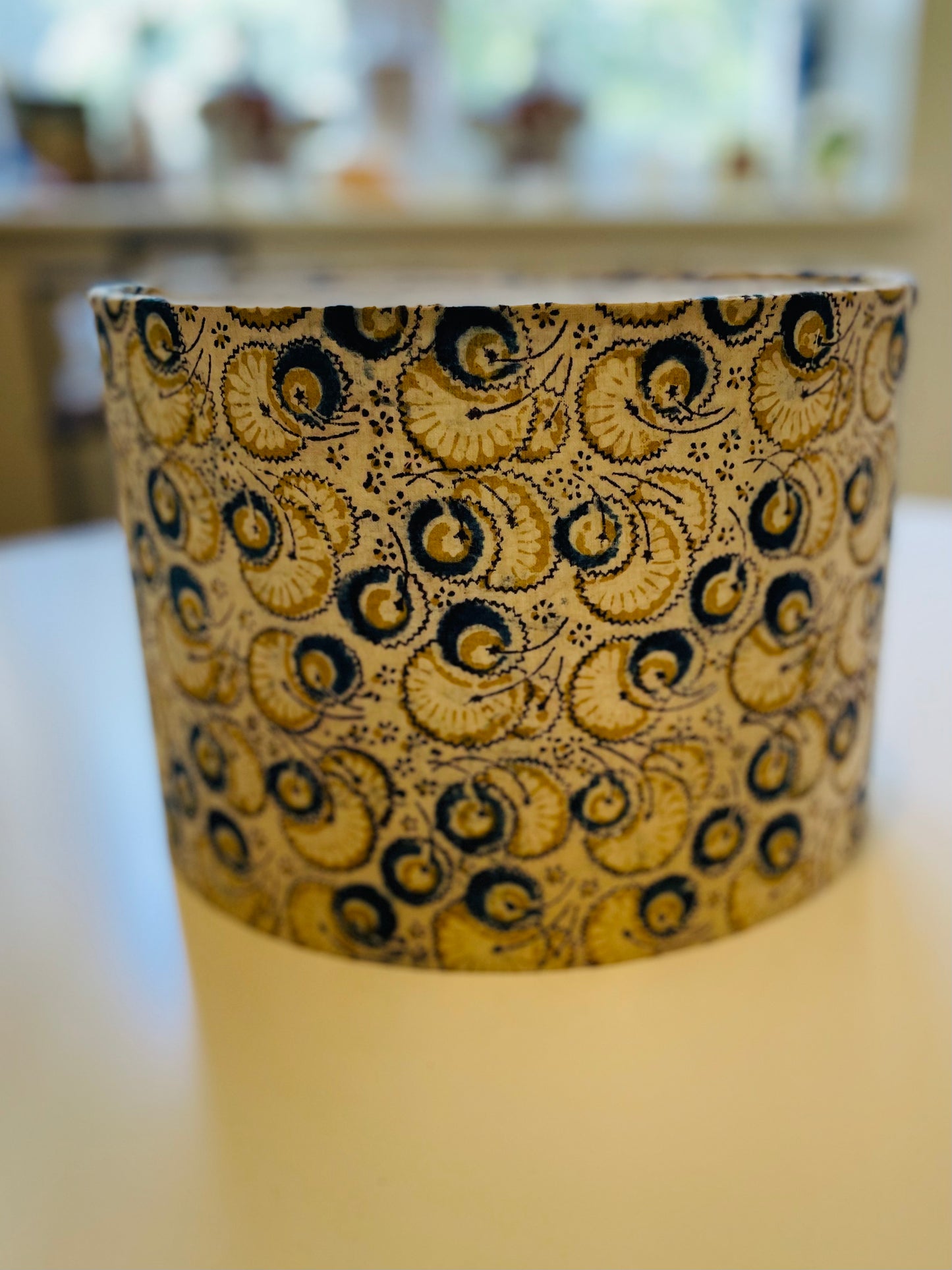 10 inch Drum Lampshade. Indian Hand Block Print. Shades of Ecru, Cornflower Blue, and Yellow Kalamkari.