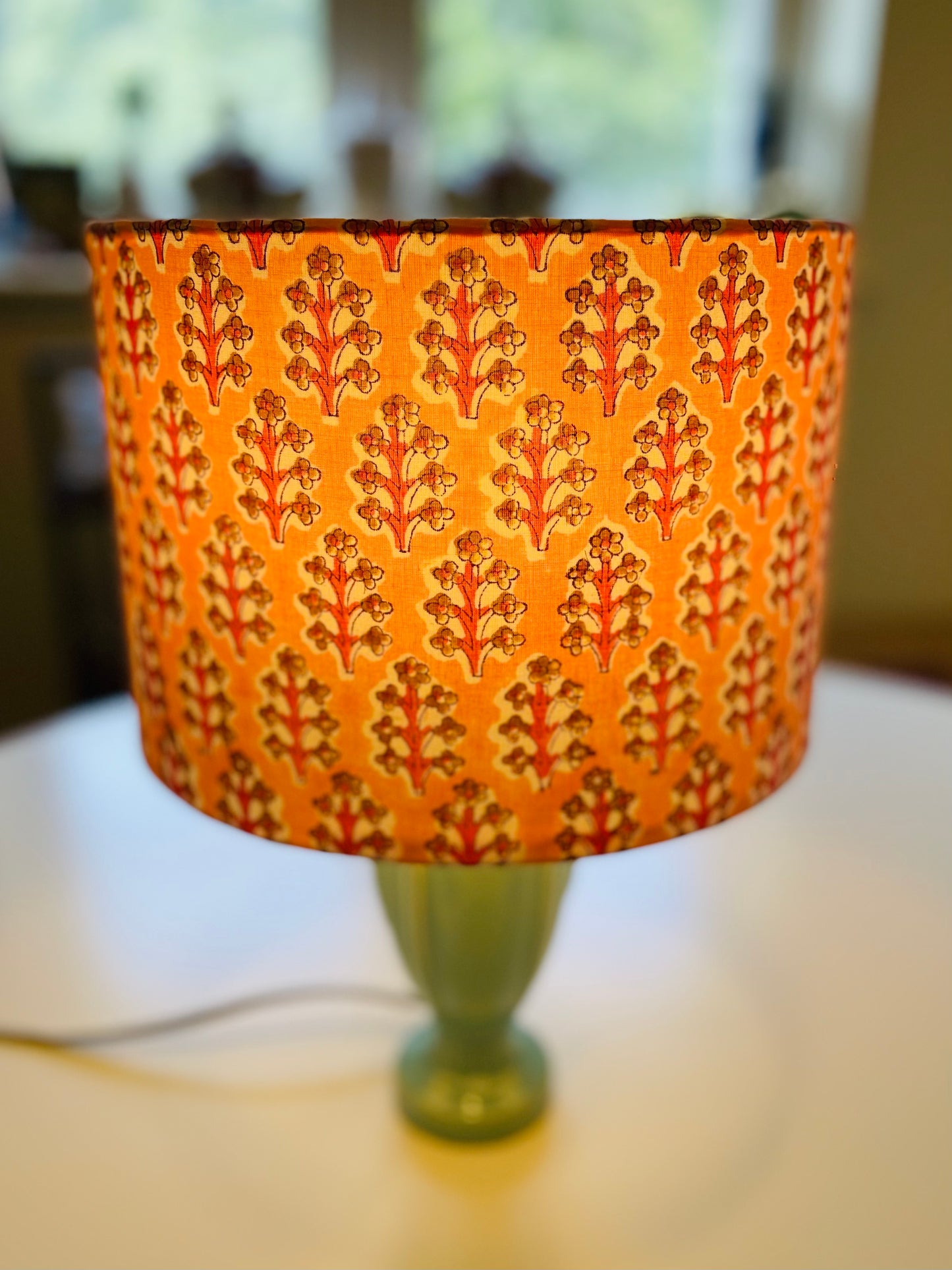 10 inch Drum Lampshade. Indian Hand Block Print. Apricot, Pink, and Taupe.