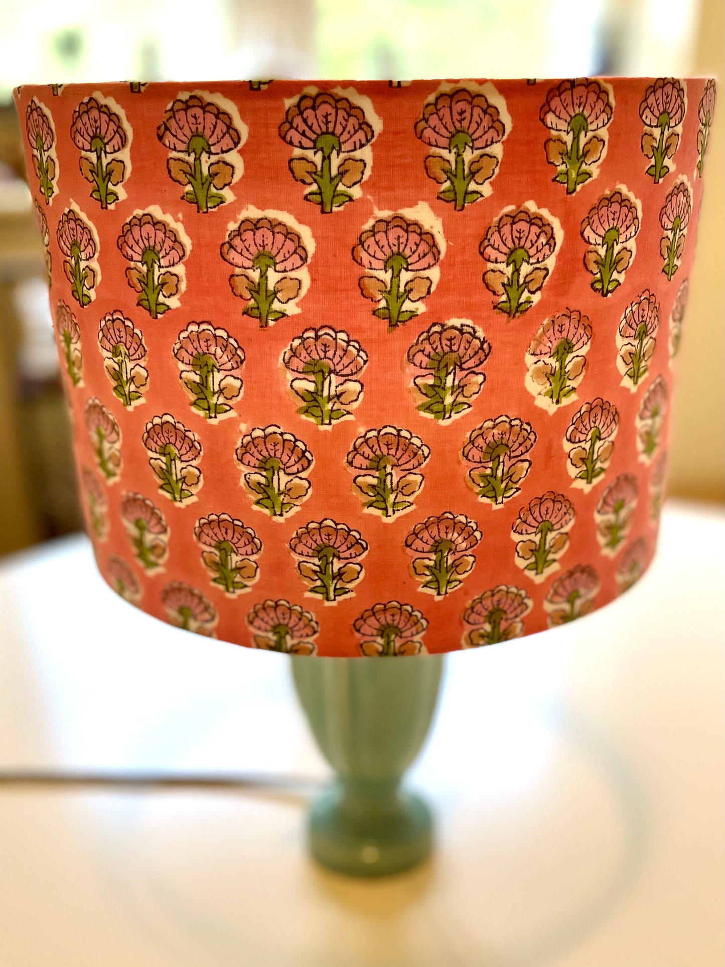 10 inch Drum Lampshade. Indian Hand Block Print. Hot Pink and Green.