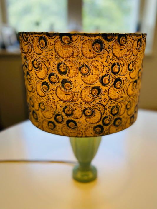 10 inch Drum Lampshade. Indian Hand Block Print. Shades of Ecru, Cornflower Blue, and Yellow Kalamkari.