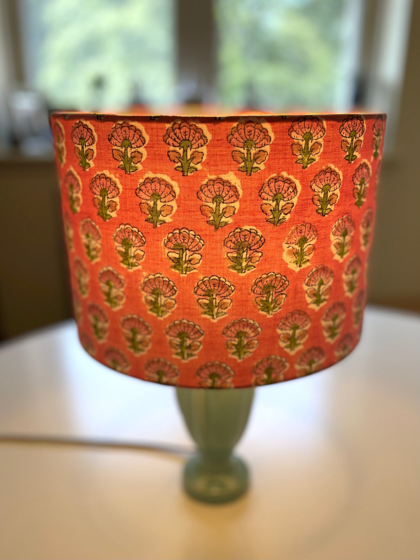 10 inch Drum Lampshade. Indian Hand Block Print. Hot Pink and Green.