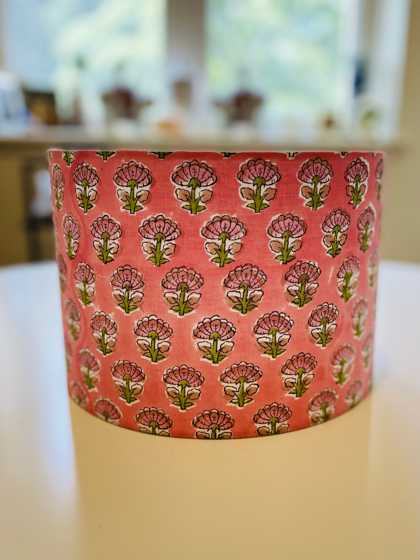 10 inch Drum Lampshade. Indian Hand Block Print. Hot Pink and Green.