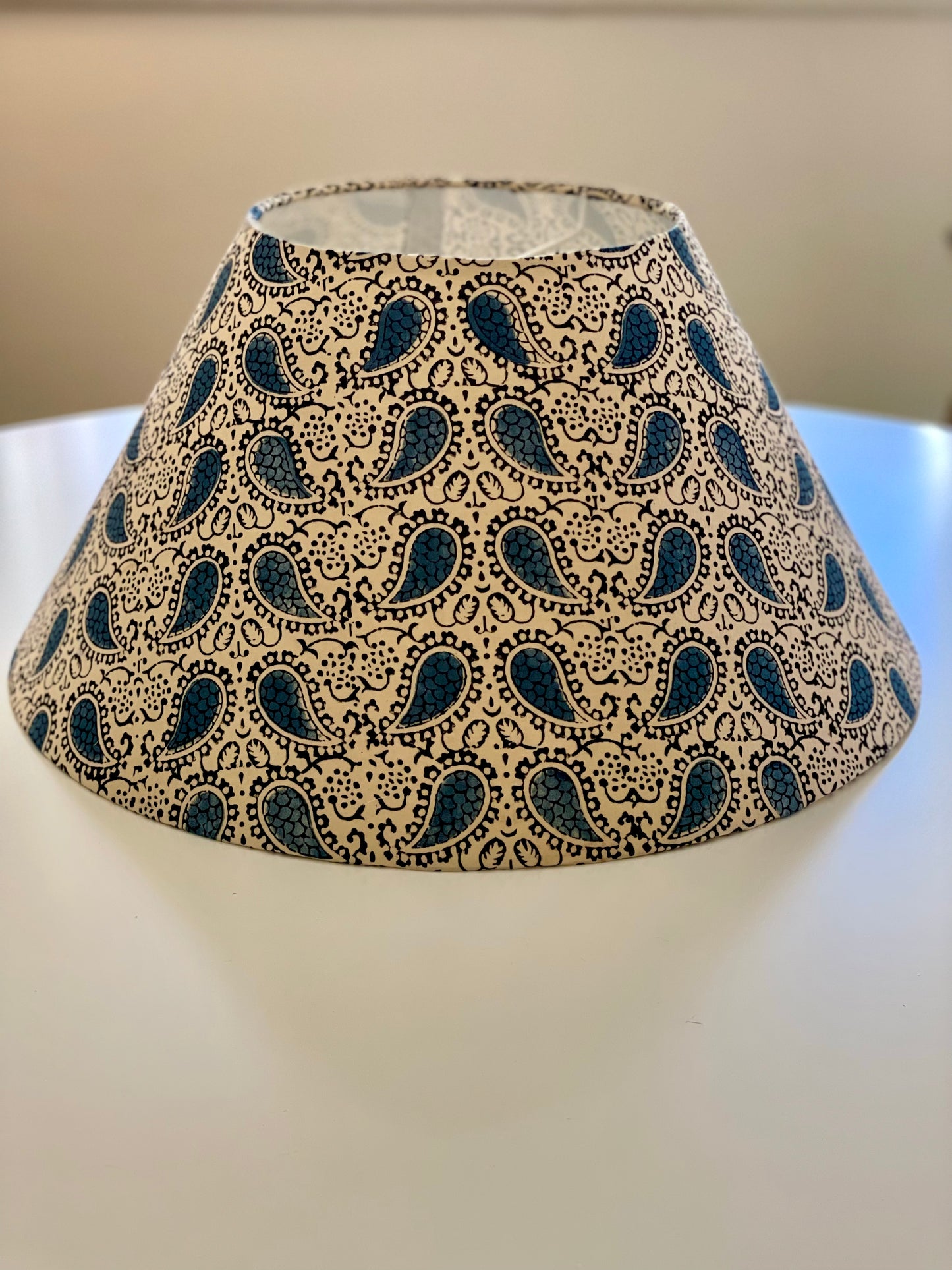 Large Conical Lampshade. Indian Ajrakh Hand Print. Dark French Blue Paisley on Parchment.