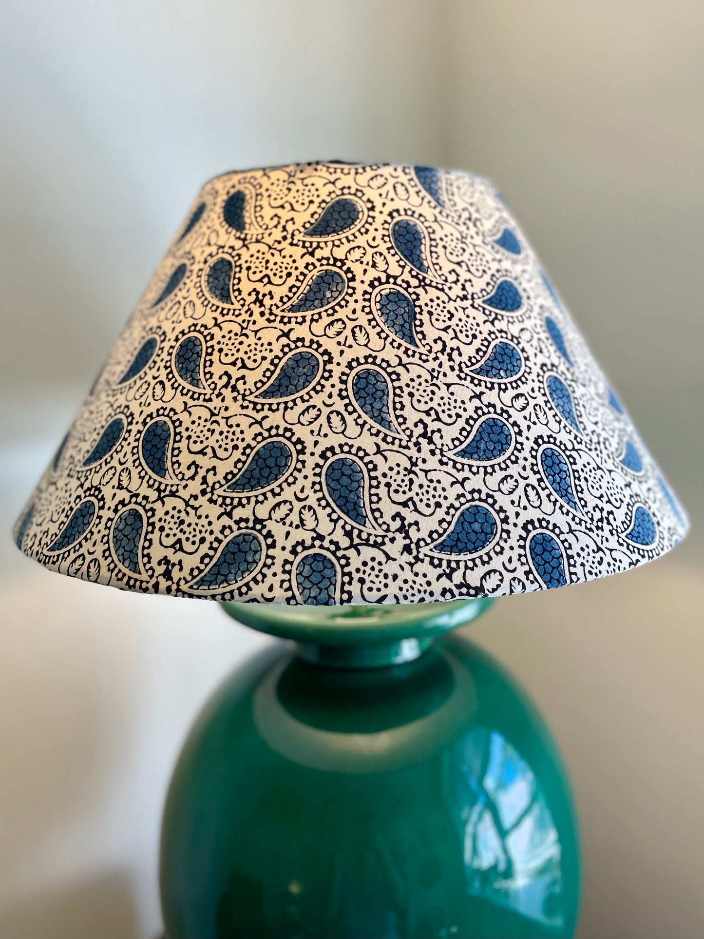 Large Conical Lampshade. Indian Ajrakh Hand Print. Dark French Blue Paisley on Parchment.