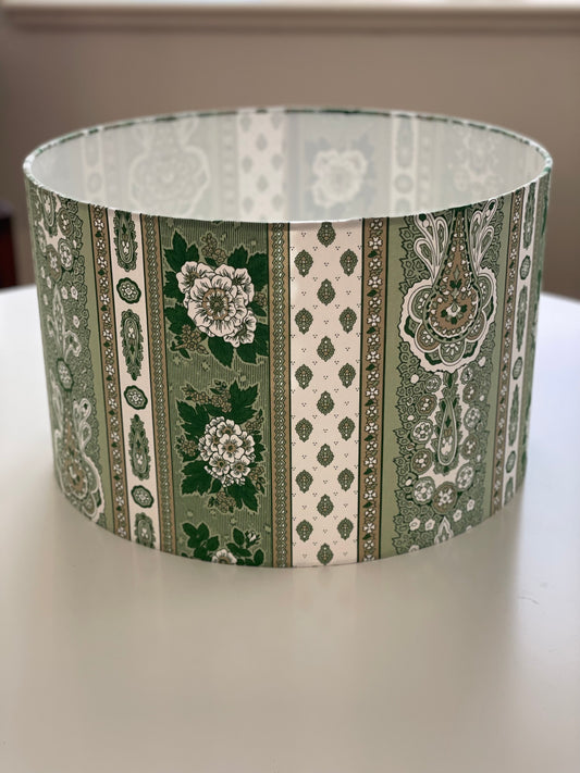 16 Inch Drum Lampshade. French Cotton. Sage Green Bastide Stripe Print.