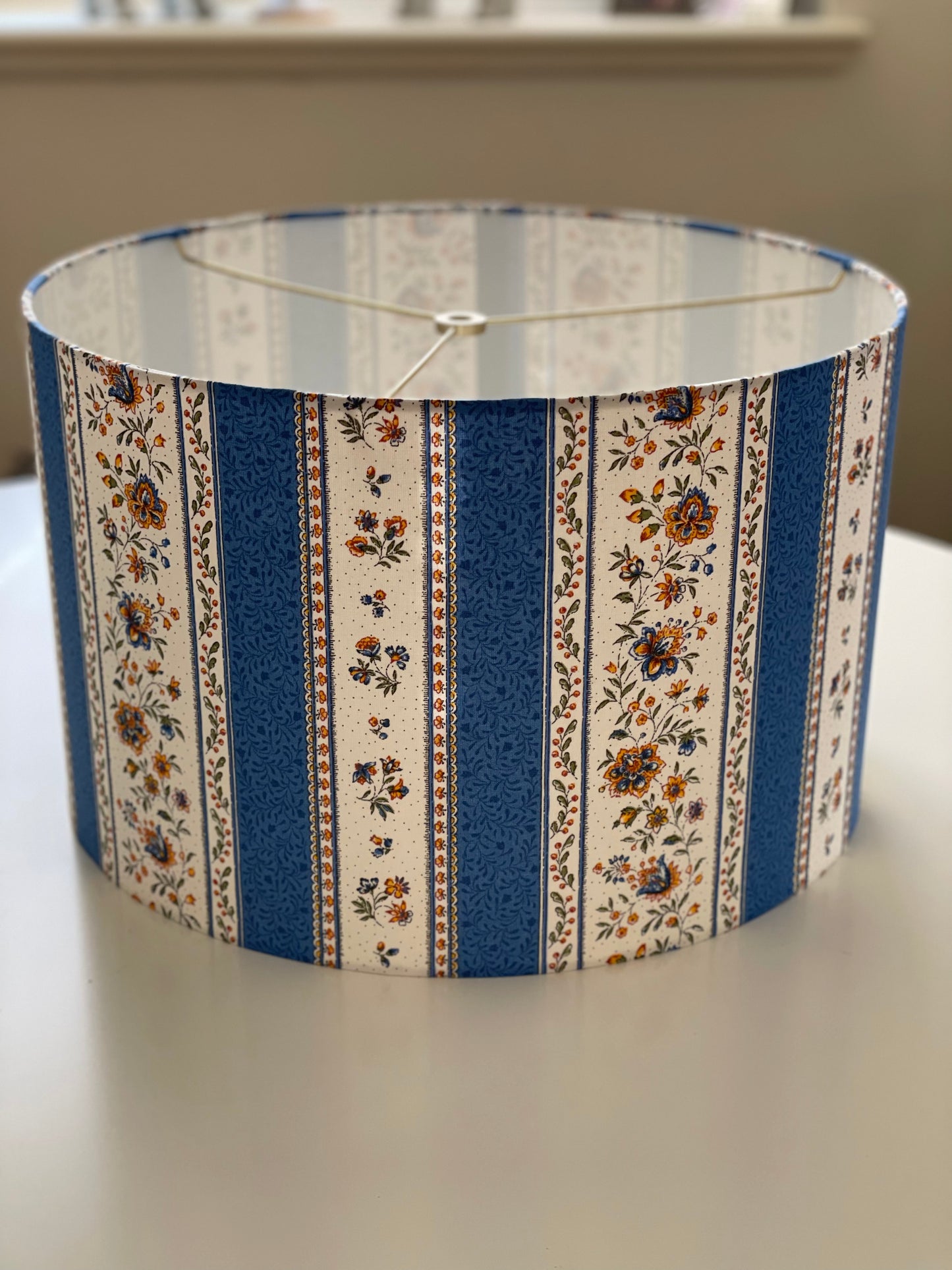 16 Inch Drum Lampshade. French Jacquard. Provençe Stripe "Gordes" Blue.