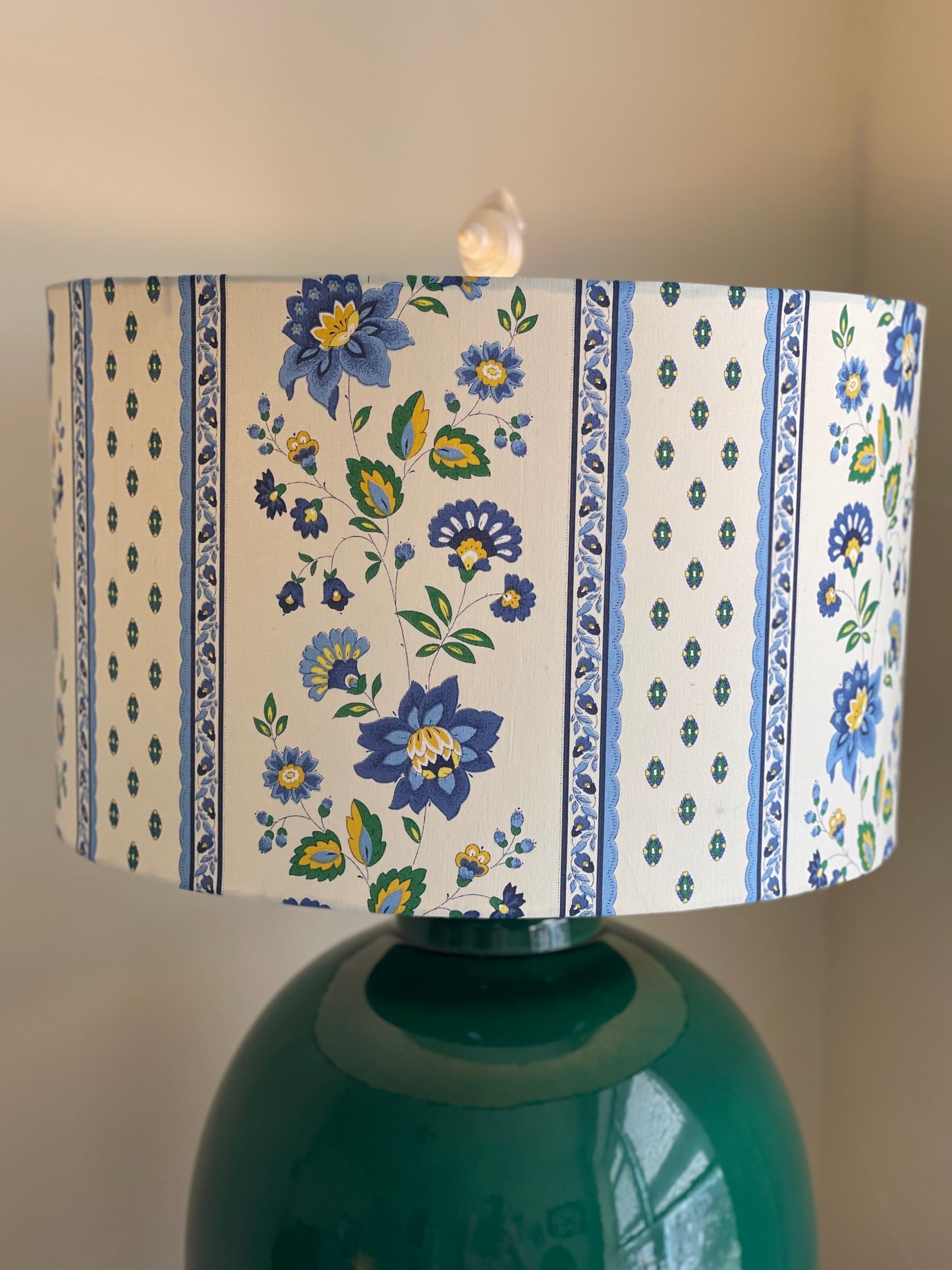 16 Inch Drum Lampshade. French Cotton Fabric. Blue Faience Floral Border.