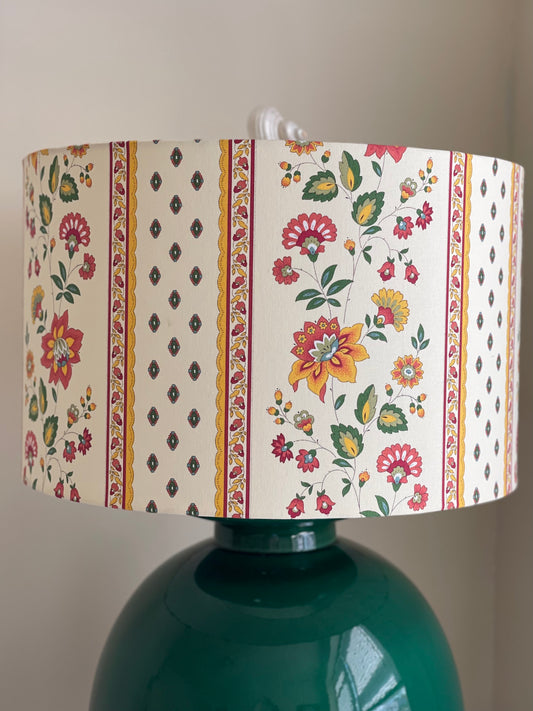 16 Inch Drum Lampshade. French Cotton Fabric. Orange and Red Faience Floral Border.