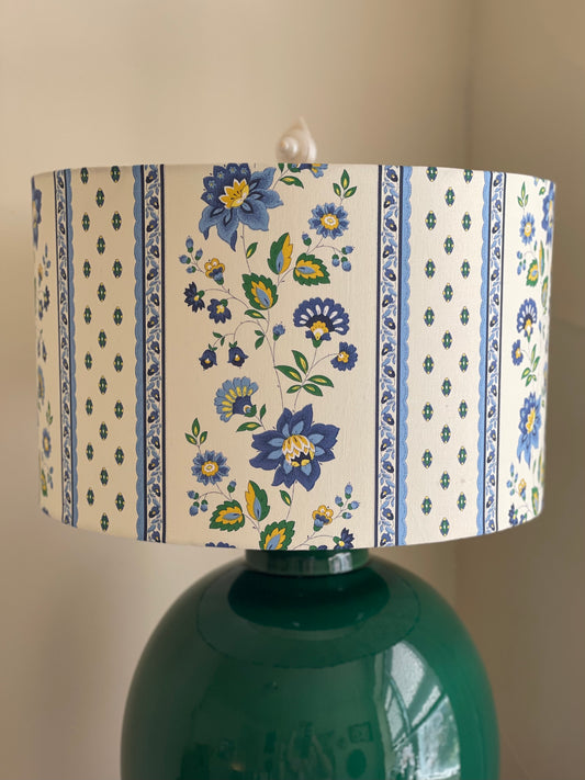 16 Inch Drum Lampshade. French Cotton Fabric. Blue Faience Floral Border.