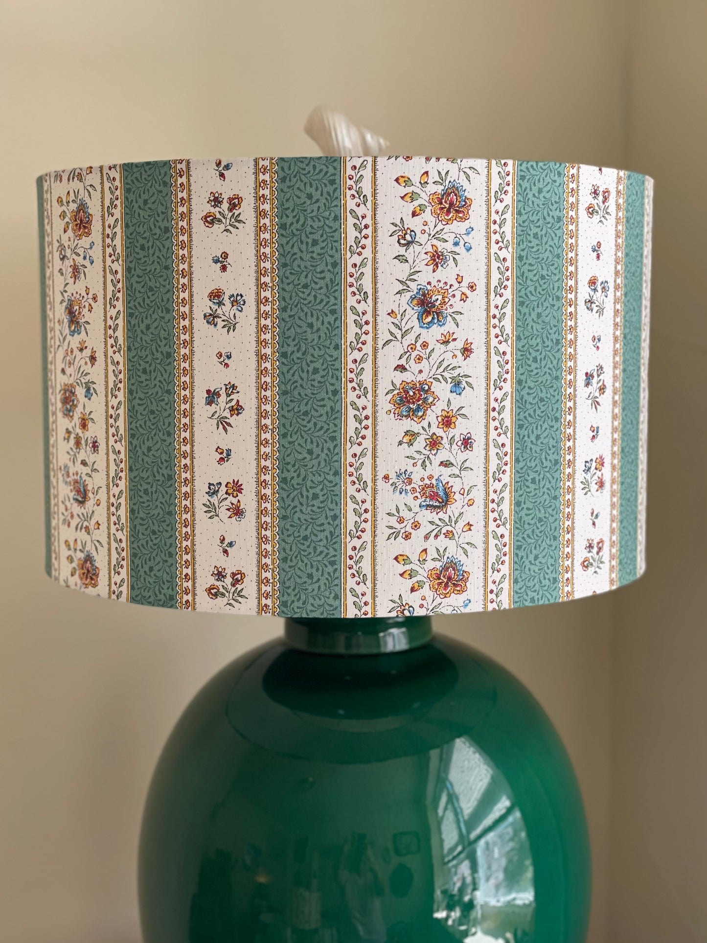 16 Inch Drum Lampshade. French Jacquard. Provençe Stripe "Gordes" Green.