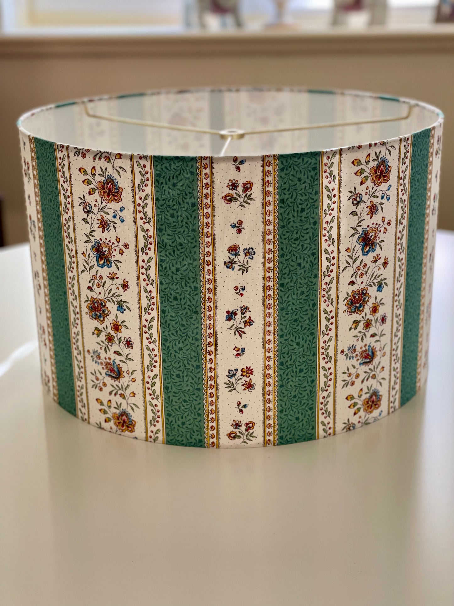 16 Inch Drum Lampshade. French Jacquard. Provençe Stripe "Gordes" Green.