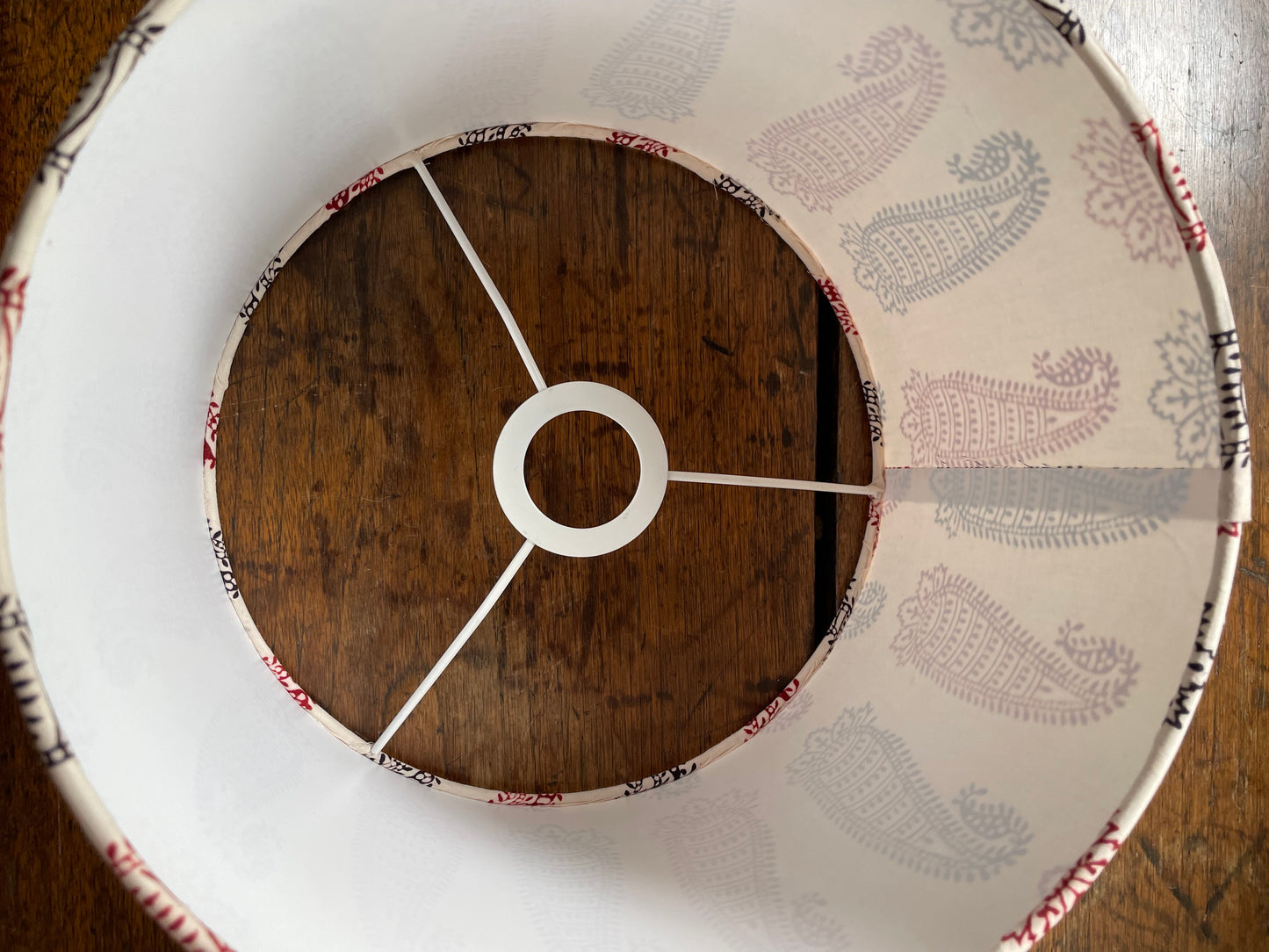 10 inch Drum Lampshade. Bagh Indian Hand Block. Ecru with Maroon and Black Elongated Buta Motif.