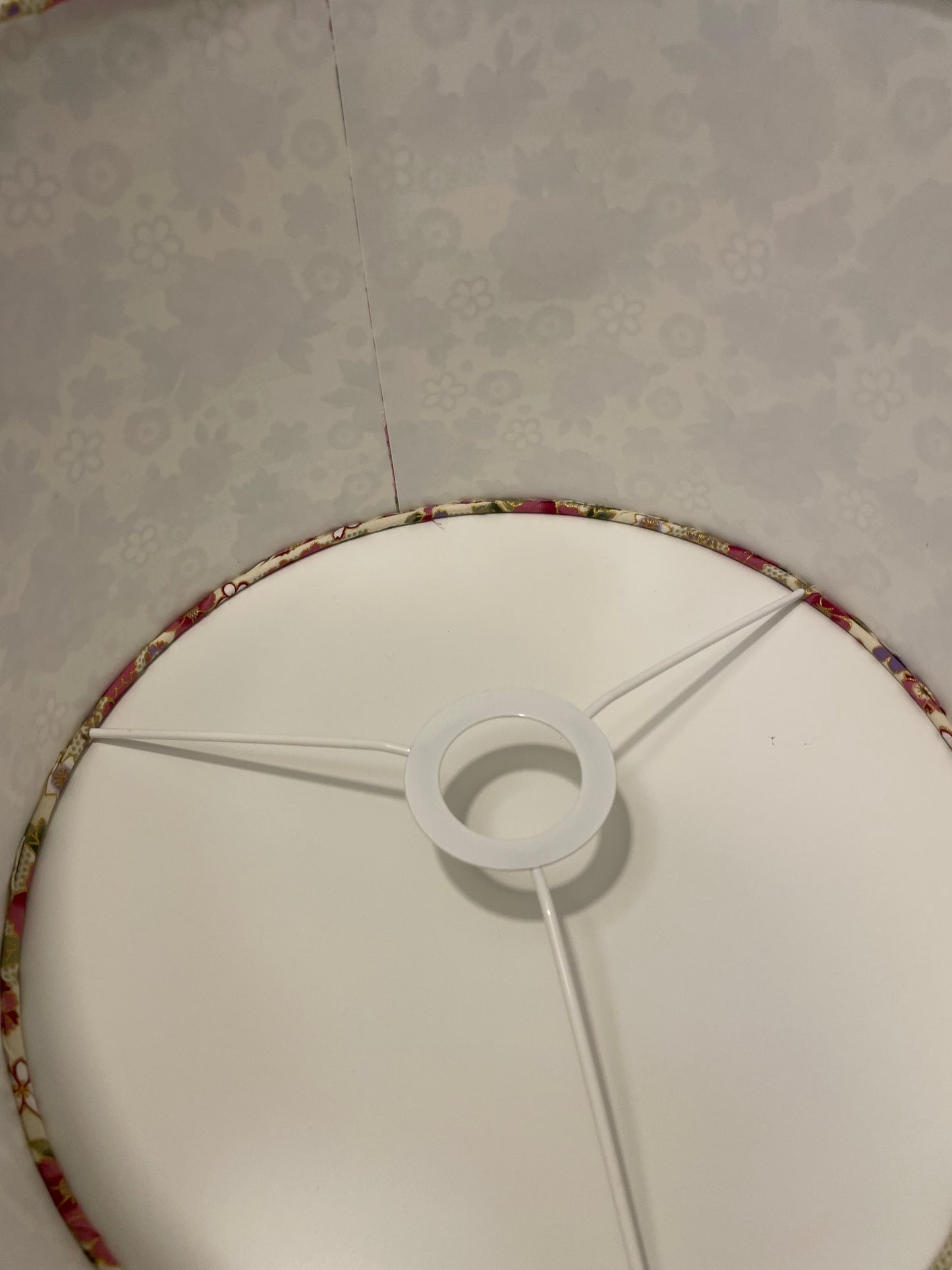 12 Inch Drum Shade. Traditional Japanese Fabric. Mulberry and Lilac Peony Motif on Cream with Gold Accents.