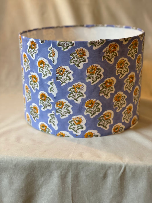 10 inch Drum Lampshade. Indian Block Print- Blue with Yellow Floral Motif.