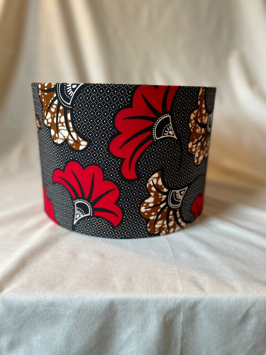10 inch Drum Lampshade. Vibrant Black, Red and Brown Ankara "Fleur de Mariage" Print from West Africa.