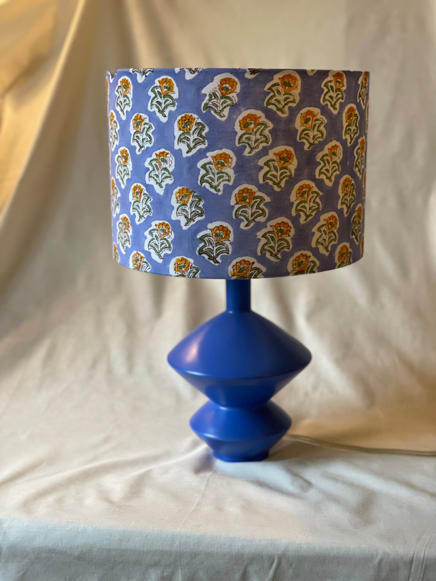 10 inch Drum Lampshade. Indian Block Print- Blue with Yellow Floral Motif.